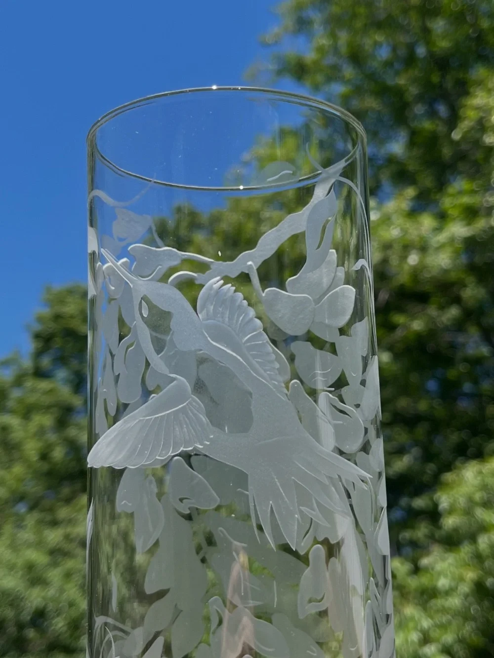Etched Hummingbird Cylinder Glass Vase w/ Matching Wine Glass - Picture 6 of 15